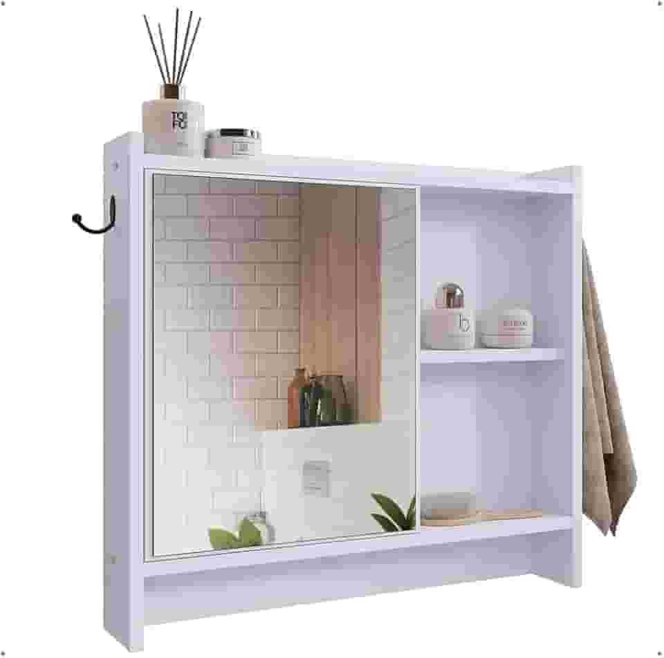 Armário Com Espelho Porta Gancho Para Toalha Banheiro Genova (Branco)