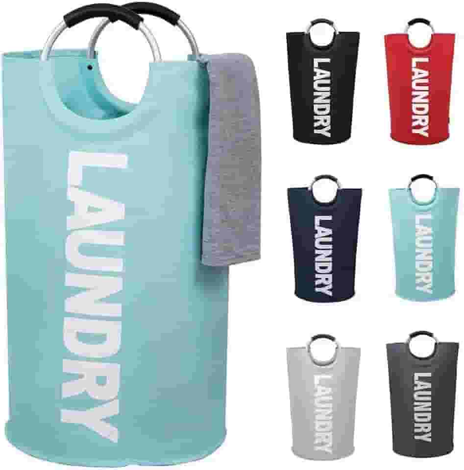 Cesto de lavanderia de 90 L, cesta de armazenamento à prova d'água com alça acolchoada, cesto de roupa dobrável para facilitar o armazenamento, azul