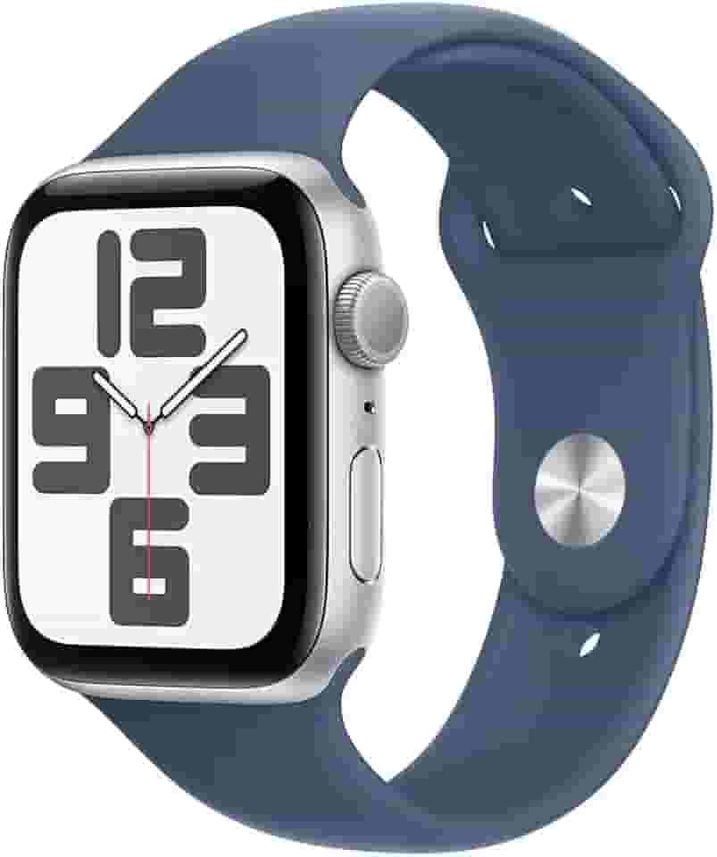 Apple Watch SE GPS • Caixa prateada de alumínio – 44 mm • Pulseira esportiva denim – P/M