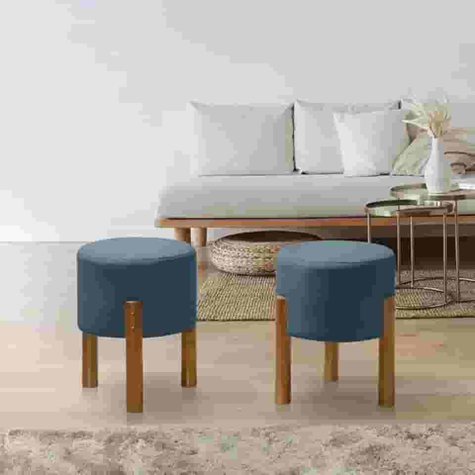 PC Móveis – Kit 2 Puff Redondo Luxo Decorativo em Linho ou Suede – Sala, Quarto e Escritório (Linho, Azul)