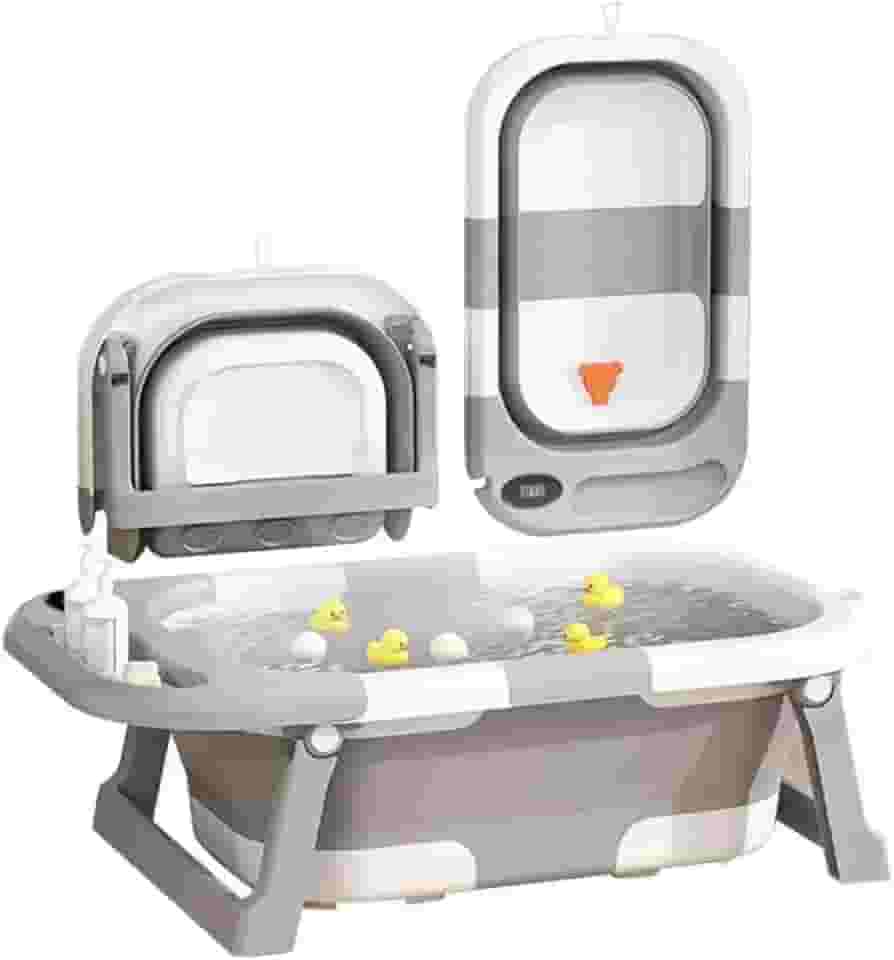 Banheira Bebê Dobrável Cinza com Termômetro Digital, Portátil e Compacta para Viagem e Apartamento