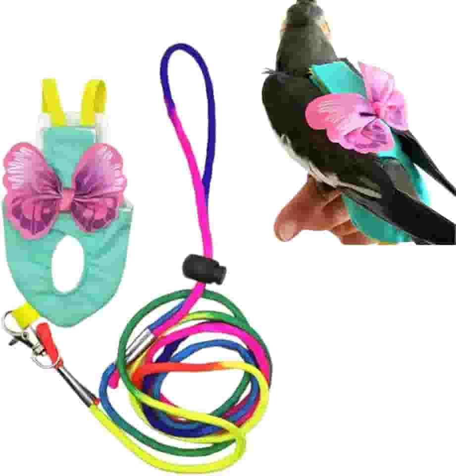 Anelekor Peitoral de fraldas para animais de estimação, conjunto de coleira e coleira para papagaios, calopsita com coleira de 152 cm, gravata borboleta, roupas voadoras de pássaros para conures