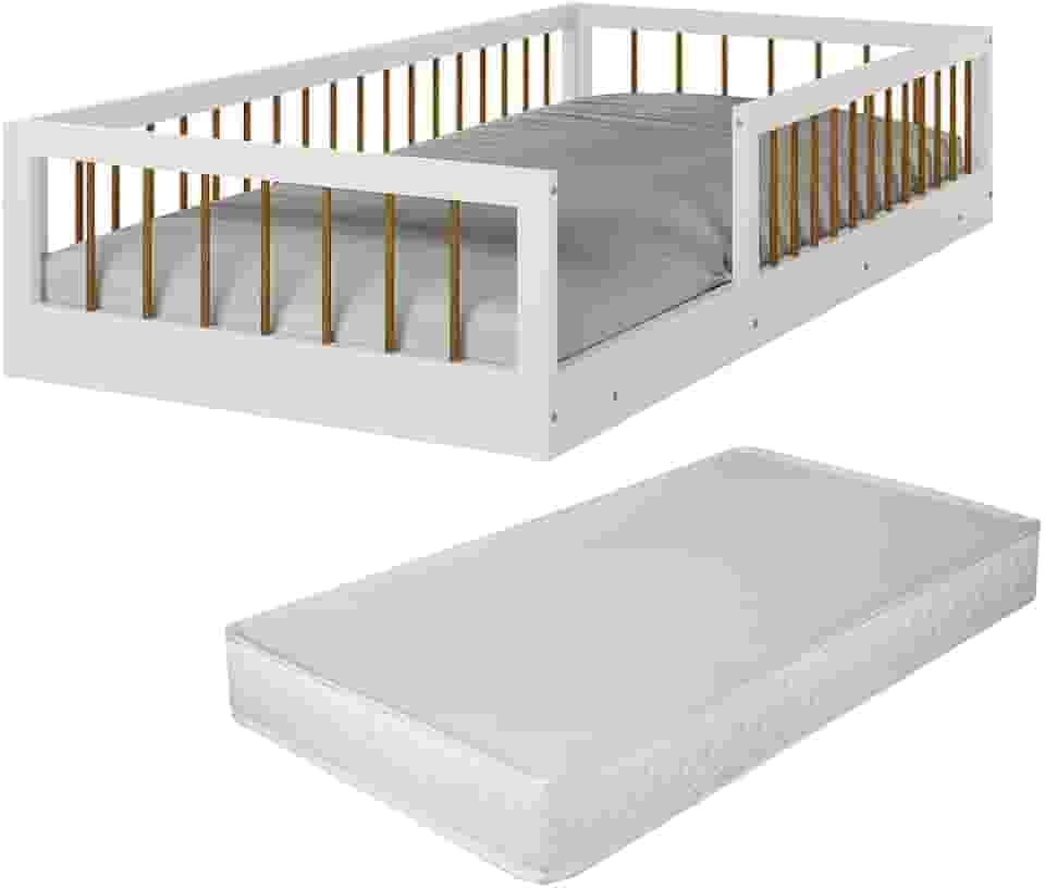 Cama Solteiro Montessoriana Infantil Ana Quarto Da Criança Meninas E Meninos Berço Moderno Com Grade De Proteção Lateral Com Colchão Cor Branco/Nature