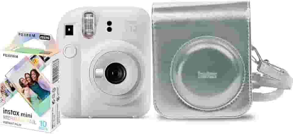 Kit Câmera Instax Mini 12 com pack 10 fotos Mermaid Tail e Bolsa Prateada