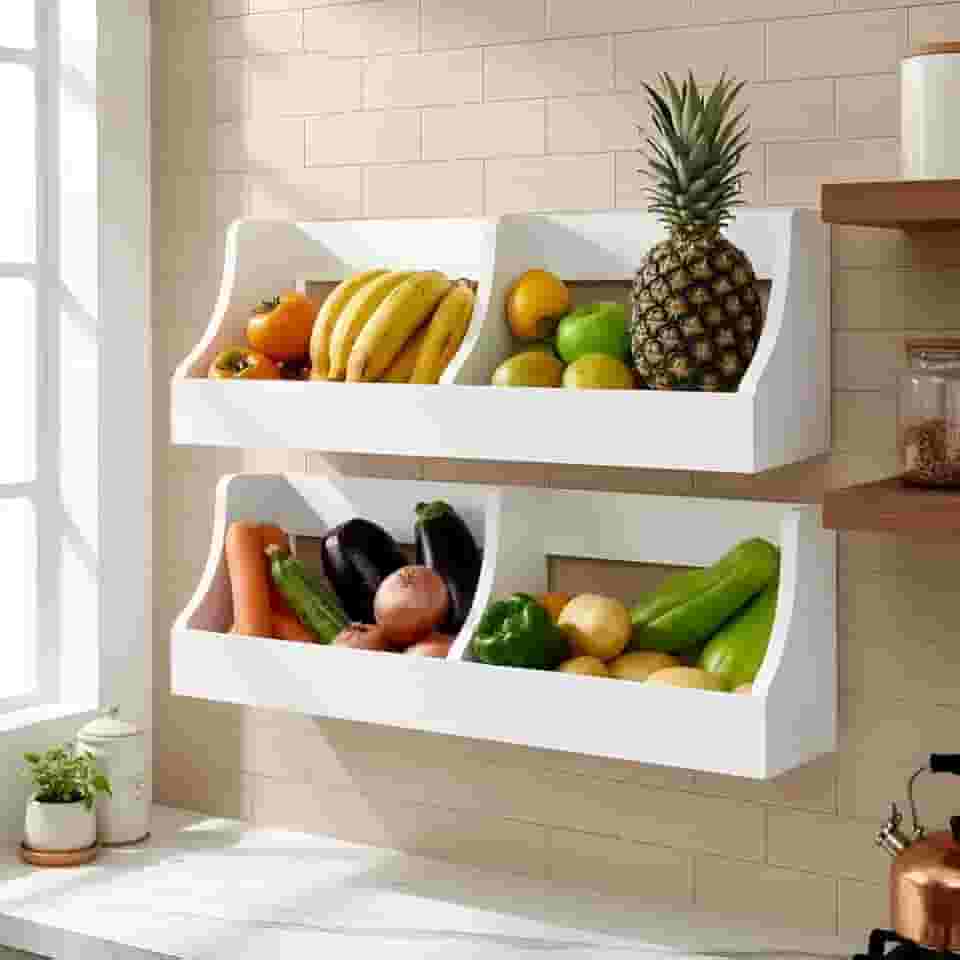 Fruteira Suspensa de Parede Prateleira Porta Legumes Cozinha em Madeira Branco Laca