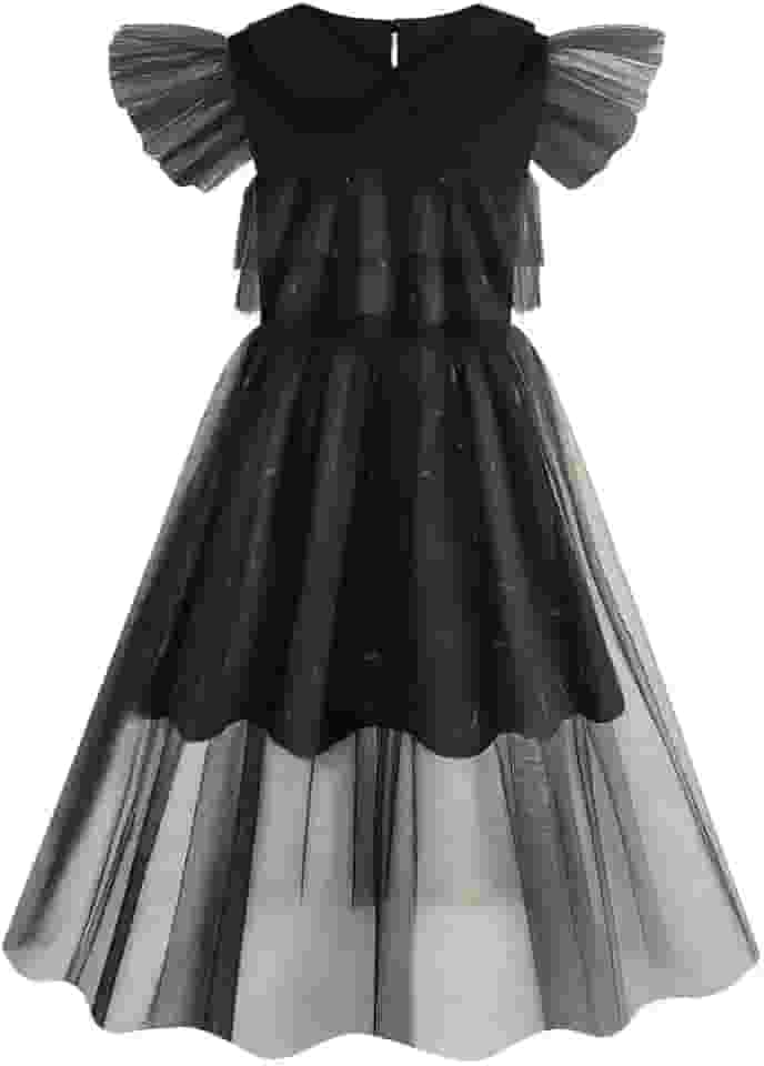 Fantasia Wandinha Addams Infantil e Juvenil Dia das Bruxas Vestido Preto Gótico com Tule e Gola Peter Pan, Estilo Família Addams para Halloween, Cosplay, Festas e Eventos Temáticos