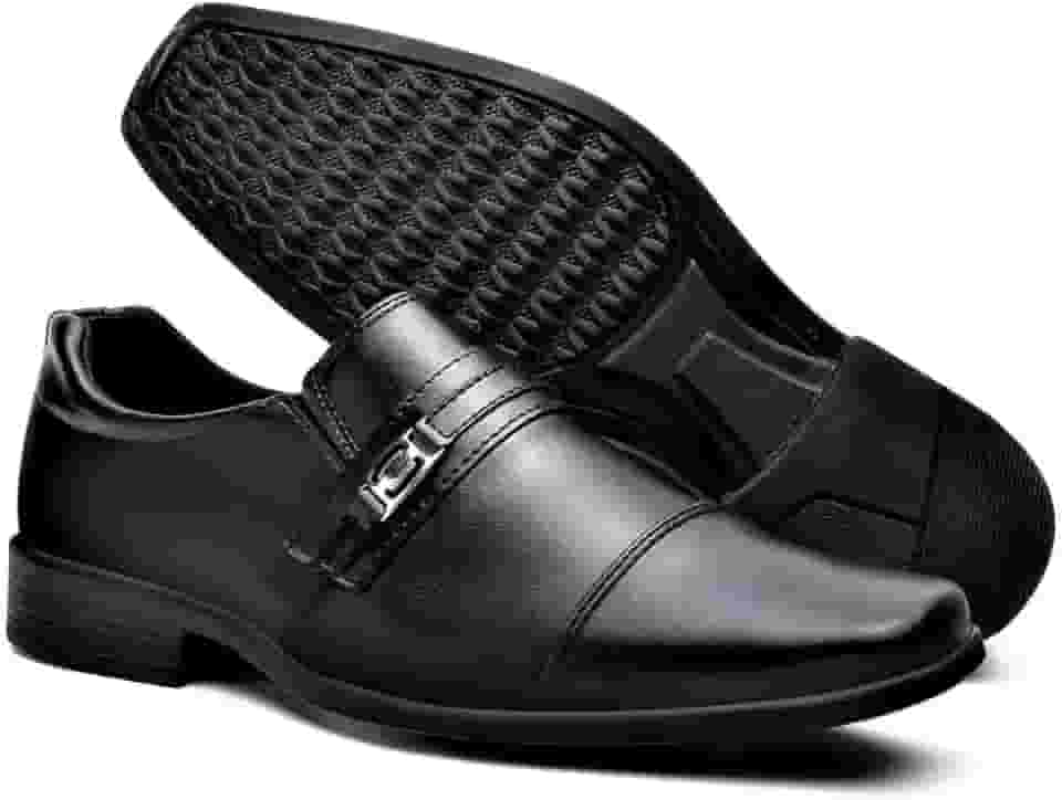 Sapato Social Masculino Em Couro Sintético Envernizado Design Elegante com Detalhe em Metal Bico Quadrado Sofisticado Sola Emborrachada Antiderrapante Ideal Para Casamentos Festas Trabalho e Uso Diário.