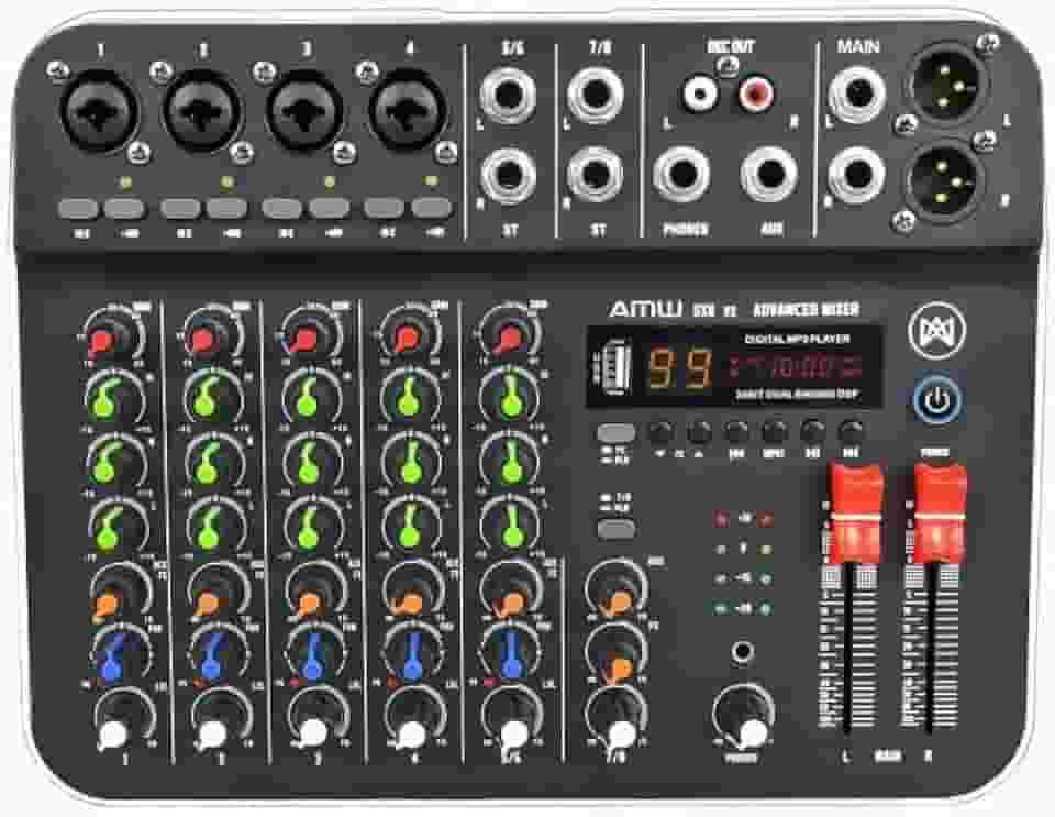 AMW SX8 v2 Mesa de Som, 8 Canais, 99 Efeitos DSP, USB-C, Interface de Áudio