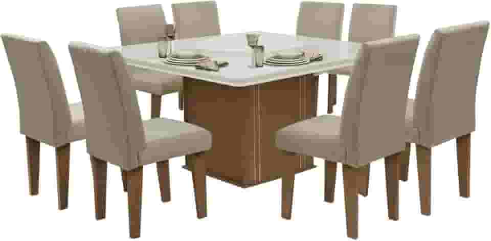 Conjunto Sala de Jantar Mesa Tampo Giratório 8 Cadeiras Siena Amsterdã Dobuê Cedro Off Areia