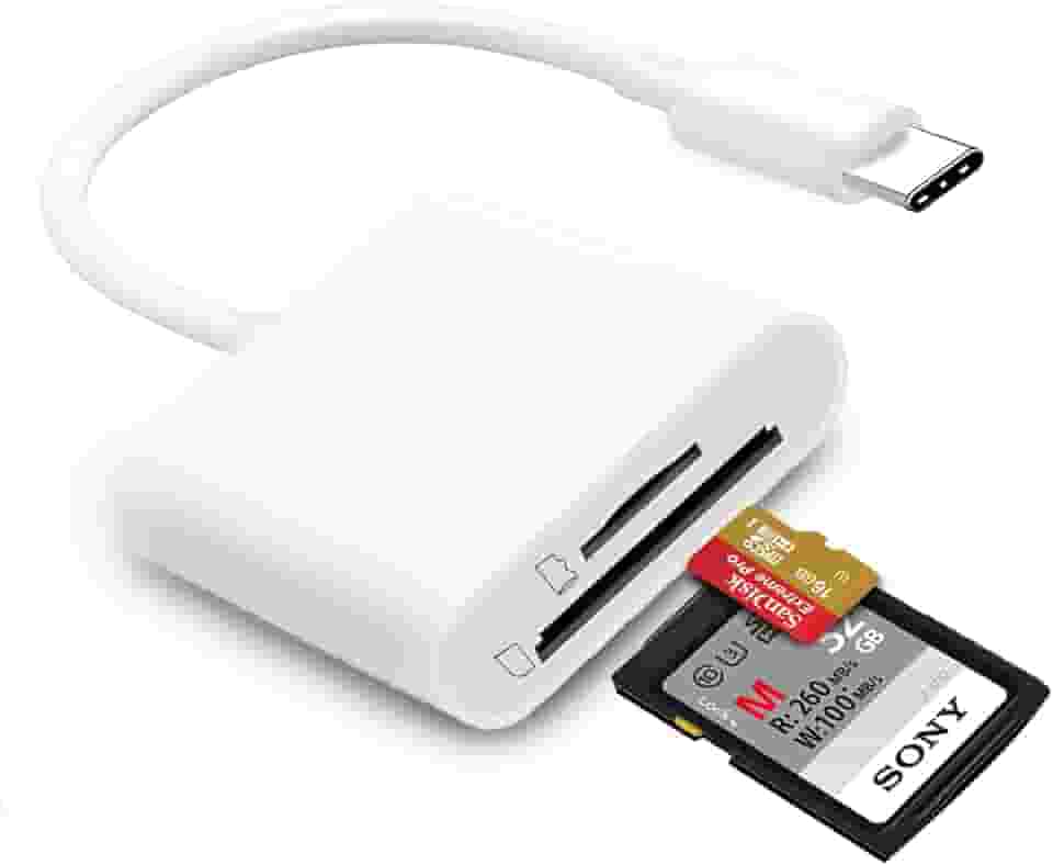 Leitor de cartão SD USB C para iPhone 15/16/17, dois compartimentos para cartões, leitor de cartão micro SD, suporta adaptador de cartão de memória SD e TF, leitor de cartão de memória Trail Camera