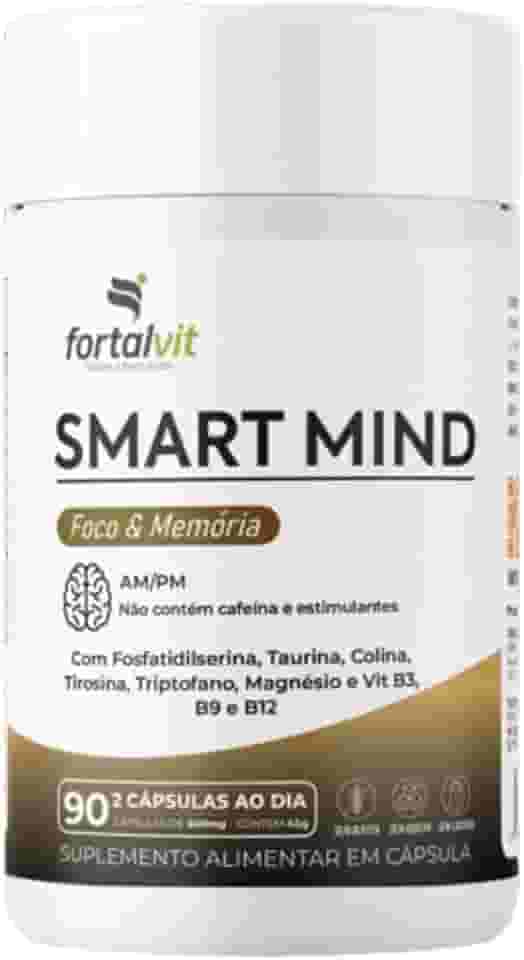 SMART MIND - Nootrópico 90 Cápsulas, Fosfatidilserina, Taurina, Colina, Tirosina, Triptofano, Magnésio e Vit B3, B9 e B12, Função Cognitiva, Fortalvit