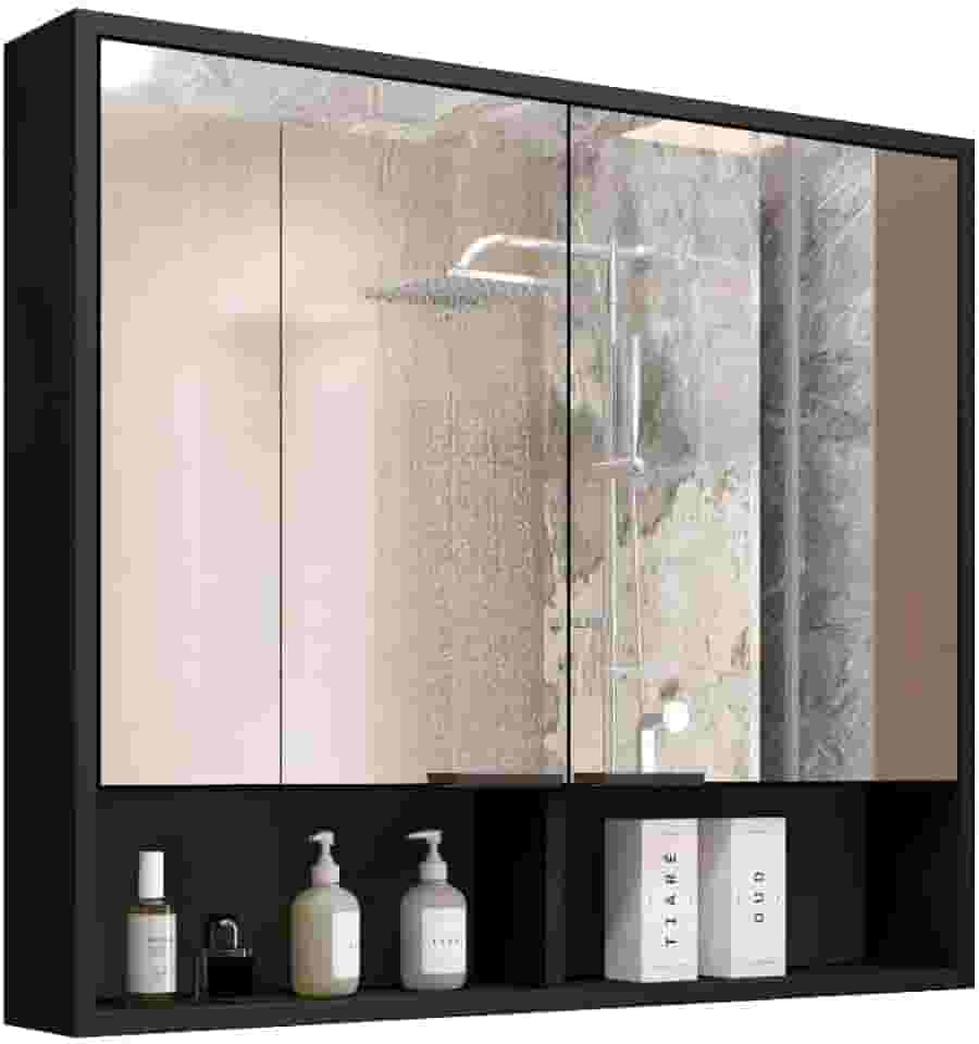 Armário de Banheiro Aéreo 2 Portas Com Espelho Espelheira Com Nicho Aquiles (Preto Flexcollor Nature)
