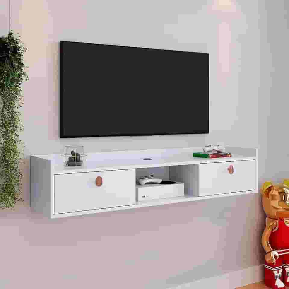 Rack Suspenso Multifuncional para Sala ou Quarto Nicho 2 Portas Móvel de Parede(Branco,90CM)