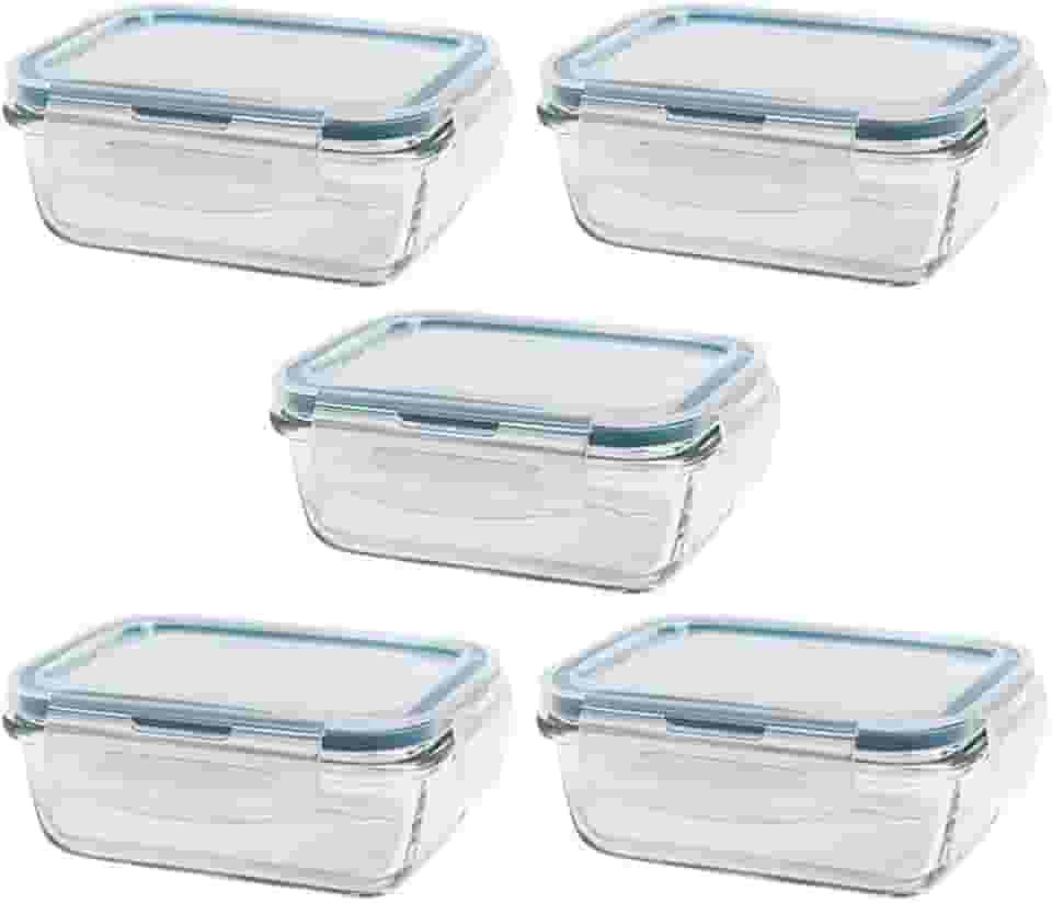 Kit 5 Potes de Vidro Herméticos 370ml Borossilicato com Travas – Marmitas Fitness, Meal Prep Semanal, Antivazamento, Forno e Freezer