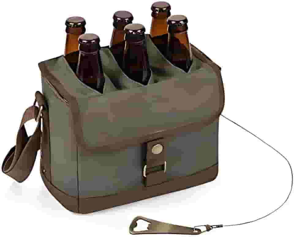 PICNIC TIME Porta-cerveja com abridor de garrafa de cerveja, pacote com 6, bolsa térmica de cerveja, presentes de cerveja para homens, (verde cáqui com detalhes marrom).