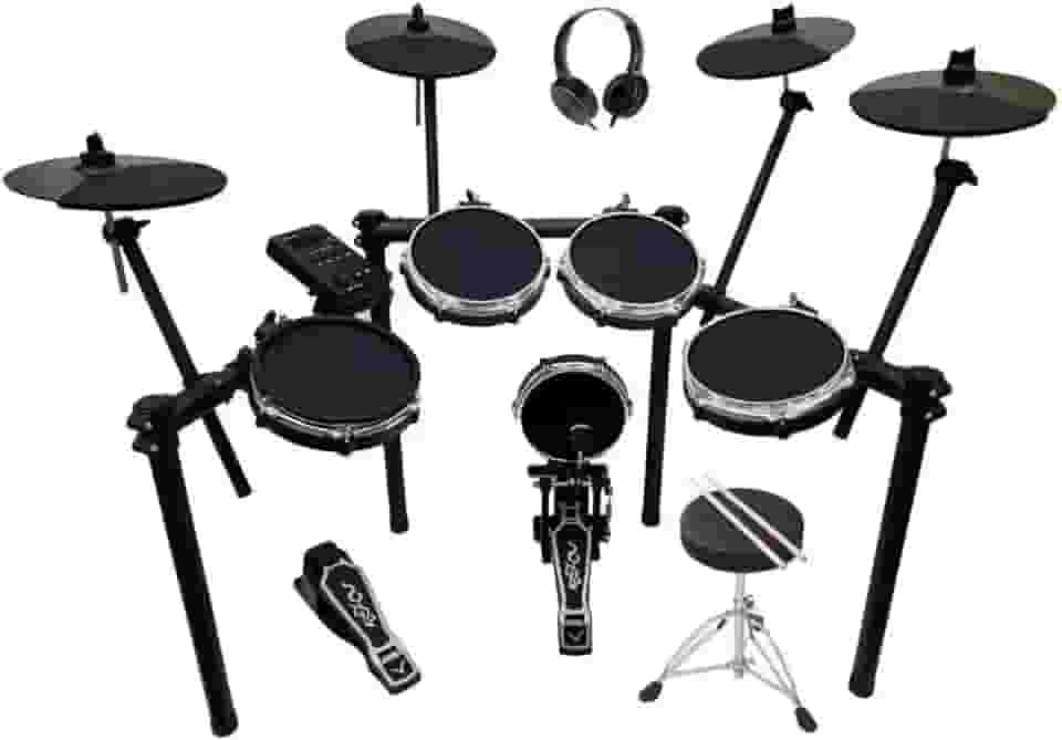 VEDO A bateria eletrônica é um kit profissional com 5 tambores e 4 pratos. Ela vem com pads de bateria Mude com tecnologia mesh, uma caixa de 8 polegadas com duas zonas de ressonância, banco bateria