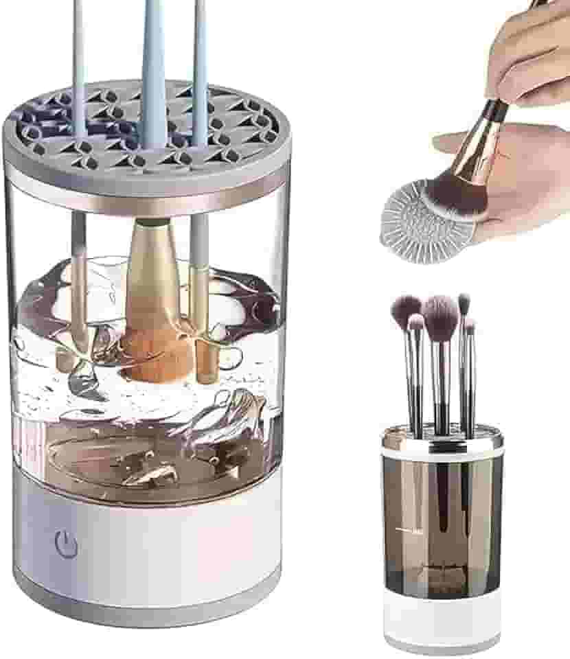 Máquina de limpeza de pincéis de maquiagem, limpador automático de pincéis cosméticos para todos os tipos, design compacto portátil para viagens, uso doméstico, ferramenta de limpeza profunda, bege