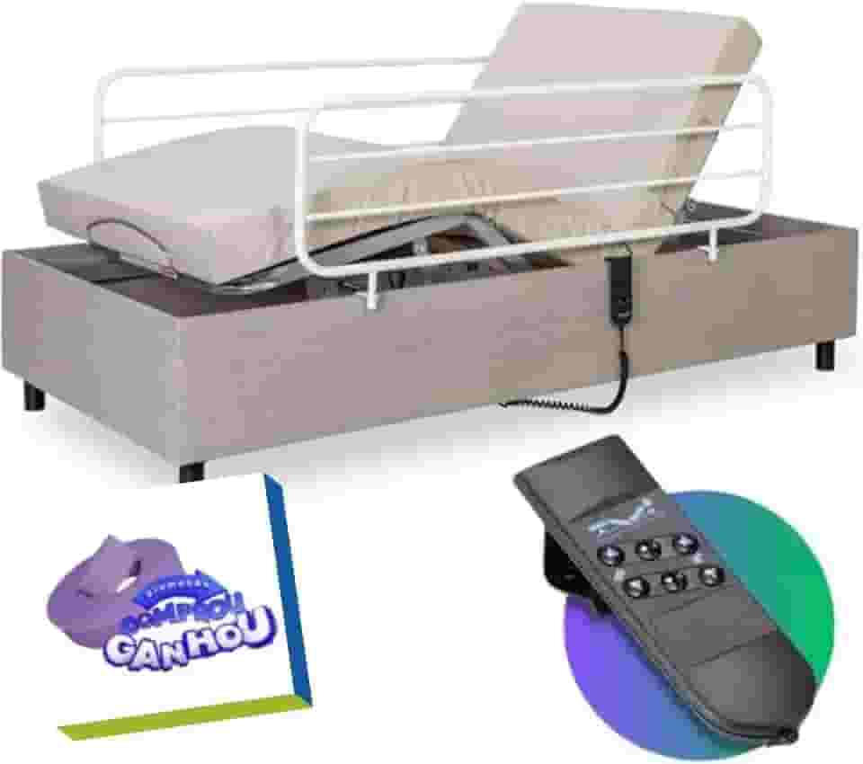 Cama Hospitalar Elétrica Zeus Idoso Pós-Cirúrgico + Colchão Hospitalar Original com Capa + Par de Grades Pilati (Bege)