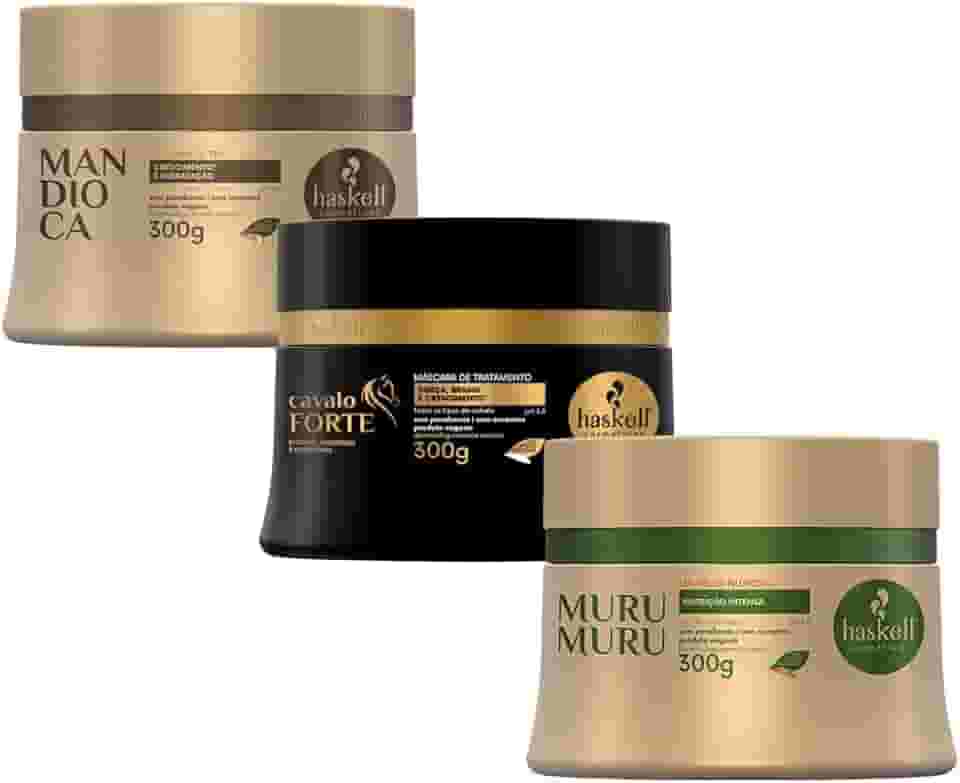 Kit Cronograma Capilar para Cabelos Ressecados Máscara Mandioca Hidratação, Cavalo Forte Reconstrução, Murumuru Nutrição