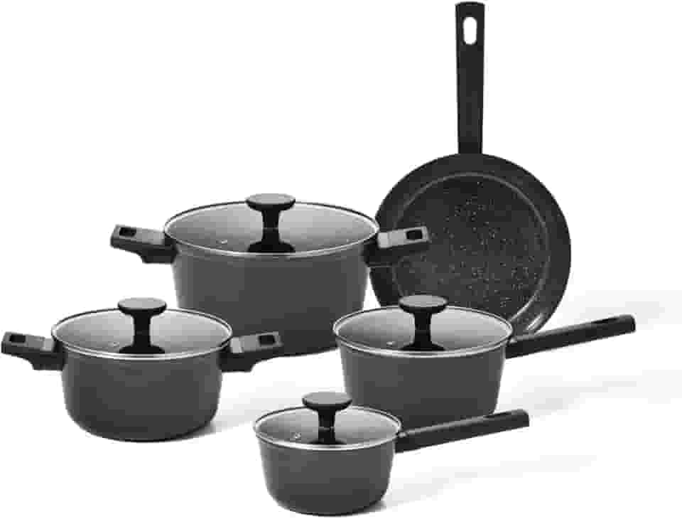Oikos - Jogo Panelas Antiaderente Cerâmico 5 Peças para Fogão por Indução, a Gás, Elétrico e Vitrocerâmico Cor Preta Mou Chia
