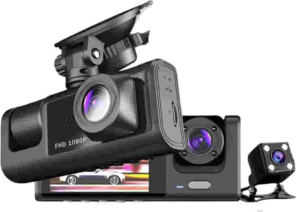 Camera Veicular Tripla 3 Lentes Full HD 1080 | Visao Noturna Frontal Interna Externa Automotiva Tela LCD" | Carro Caminhao Taxi