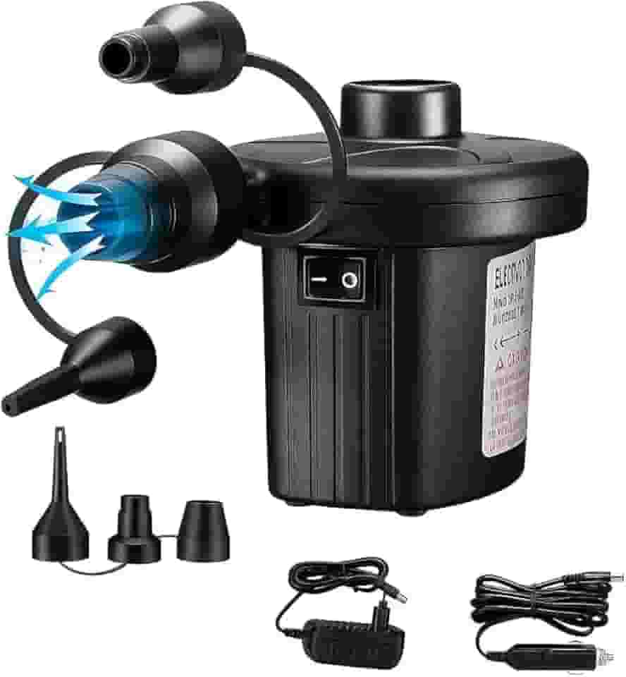 Bomba de Ar Elétrica Portátil Bivolt 110V/220V 50W com 3 Bicos – Inflador de Ar Compacta para Inflar e Desinflar Colchões, Piscinas, Bóias e Infláveis com Cabo de 1,5m 10A e Conector 12v Veicular