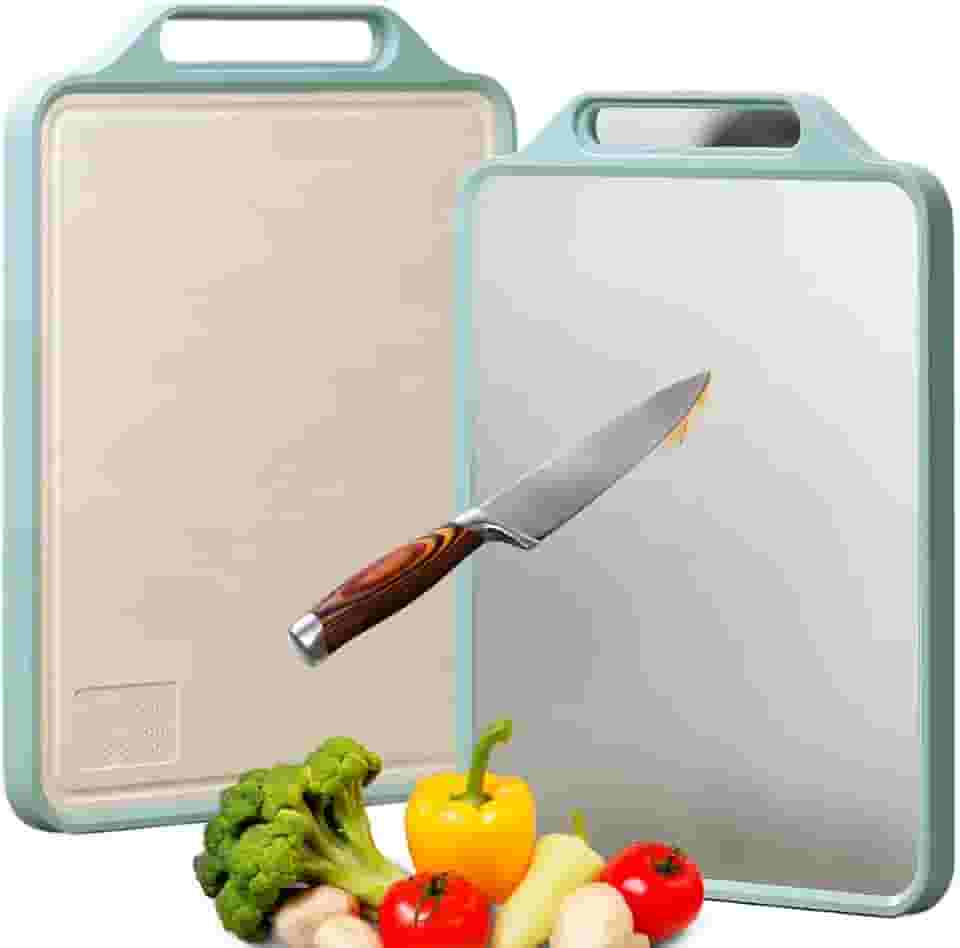 Tábua de Corte Dupla Face Inox e PP Tabua de Carne Inox Antibacteriana, Tábua de Corte de Aço Inoxidável, Antiderrapante e Antimicrobiana, Resistente a Mofo e Arranhões - Tamanho Grande Premium