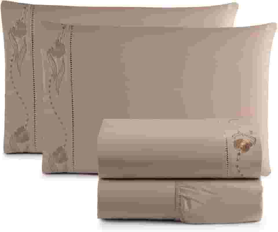 Jogo de Cama Lençol Queen Bordado Imperial Realeza 4 Peças 200 Fios Percal 100% Algodão (CÁQUI)