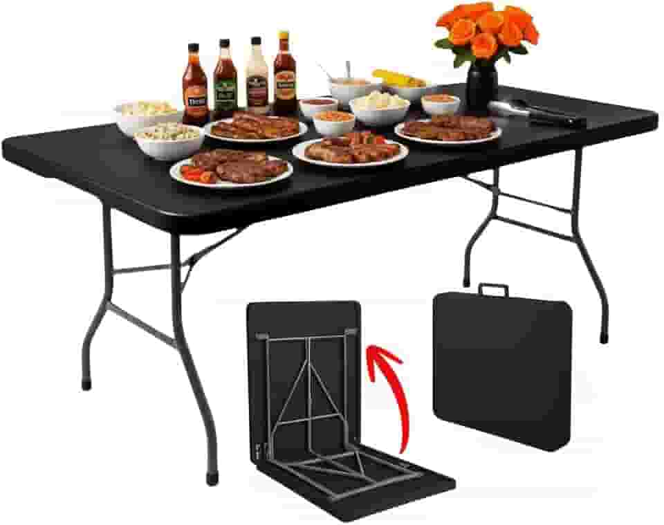 Mesa Dobrável 1,80m Vira Maleta Portátil Preto Em Aço e Polietileno Durável Para Camping Pesca Jardim Festas Uso Externo Interno Com Alta Resistencia e Fácil Transporte (Preta)