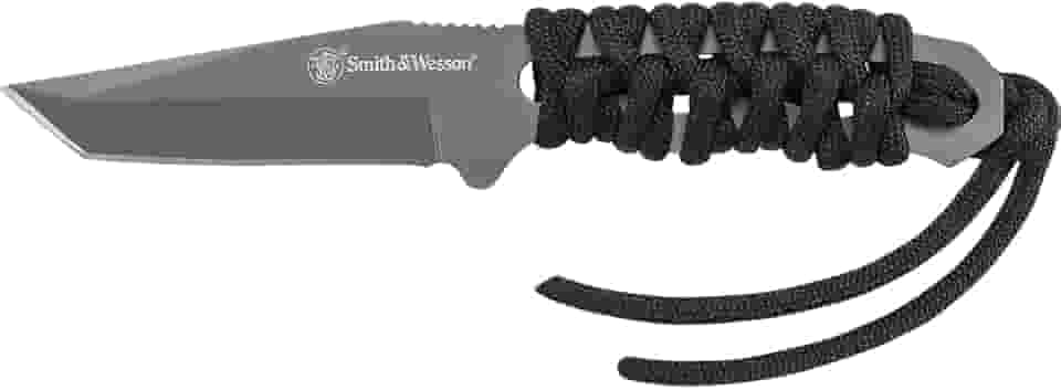 Smith & Wesson SW910TAM 15 cm de altura de carbono S.S. Faca de pescoço com lâmina Tanto de 7 cm e cabo Paracord para atividades ao ar livre, tática, sobrevivência e EDC