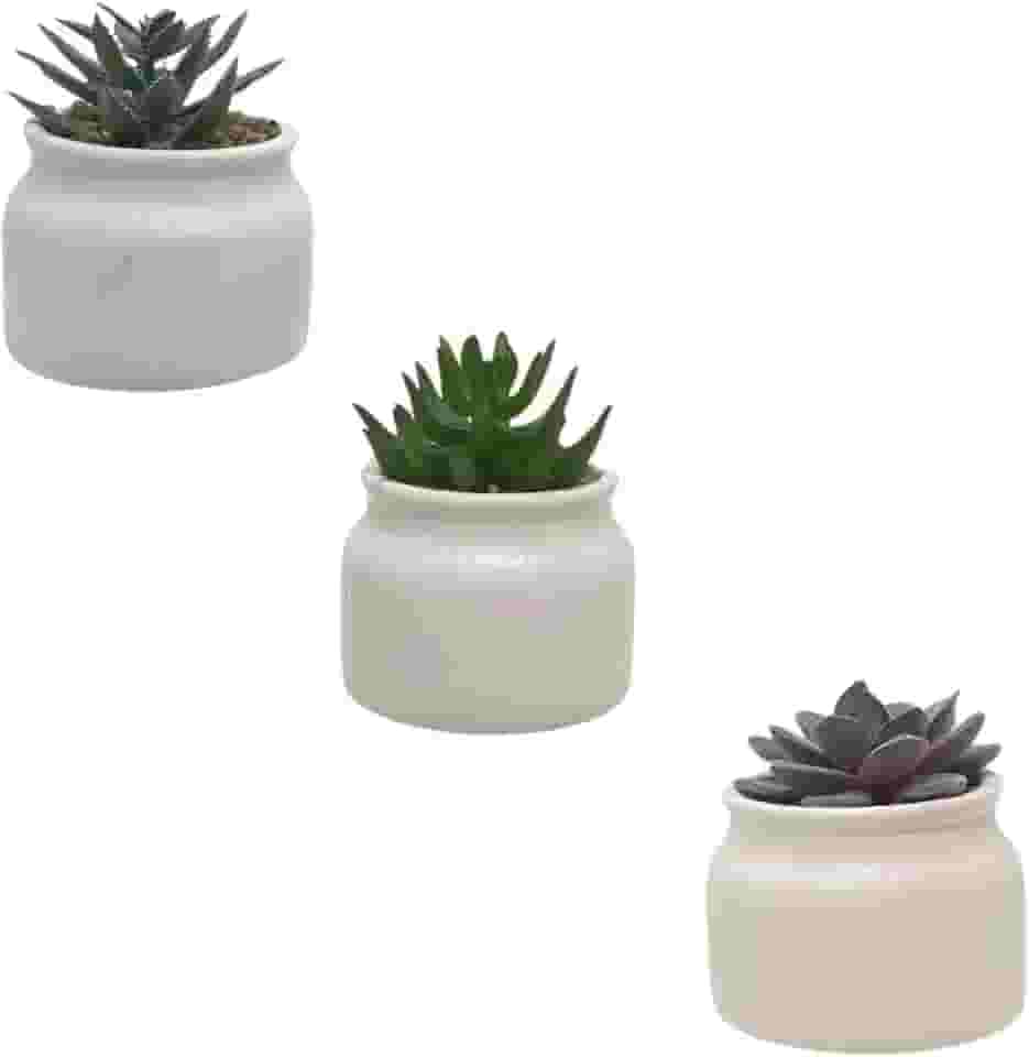 Conjunto de 3 Vasos em Cerâmica com Suculentas Artificiais para Decoração de Ambientes (Branco)