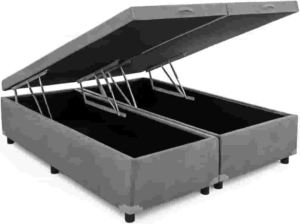 Cama Box Baú King Bipartido 96, Blindado, Pistão á Gás, Pés de Madeira (Suede, Cinza)