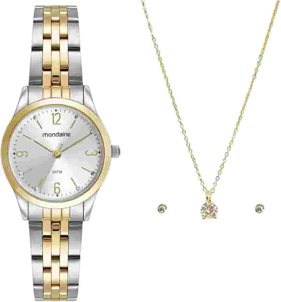 Relógio Mondaine Feminino Analógico 32720LPMKBE3 Bicolor C/semi-joia Colar e brincos