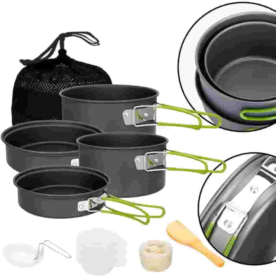 Conjunto De Panelas, 10 Peças, Com Cabos Dobraveis Para Camping, Trilhas, Aventuras, Pesca. Kit Com Colher Tigelas e Esponja