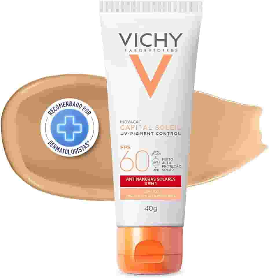 Vichy, Pigment Control, Protetor Solar Facial anti manchas com Alta cobertura, Vitamina B3, Ácido Tranexâmico, FPS60, 40g