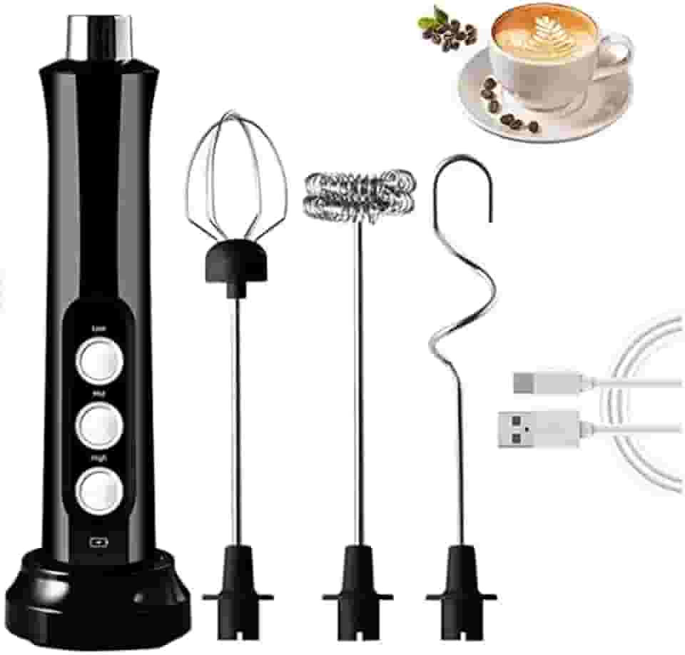 Misturador Elétrico Portátil Sem Fio, Batedor com 3 Velocidades, Recarregável USB, Aço Inox, para Café, Ovos, Bebidas (Preto)