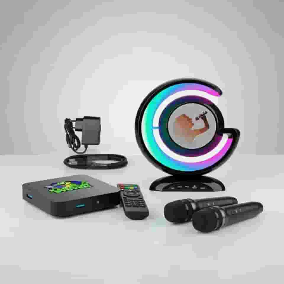 Aparelho Karaoke com 18.000 músicas, Pontuação Real, Altera Tonalidade e 2 Mics sem fio