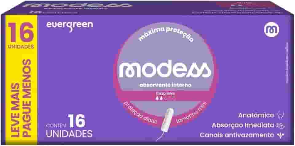 Absorvente Interno Modess Mini Fluxo Leve com 16un Evergreen