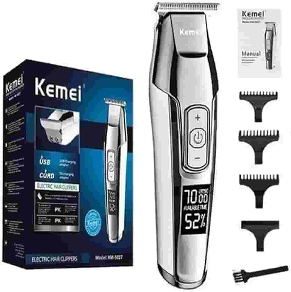 KEMEI Aparador de cabelo masculino sem fio, barbeiro, profissional, visor LCD, 0 mm, cortador de barba careca elétrico recarregável por USB Prata(XSH-5027)