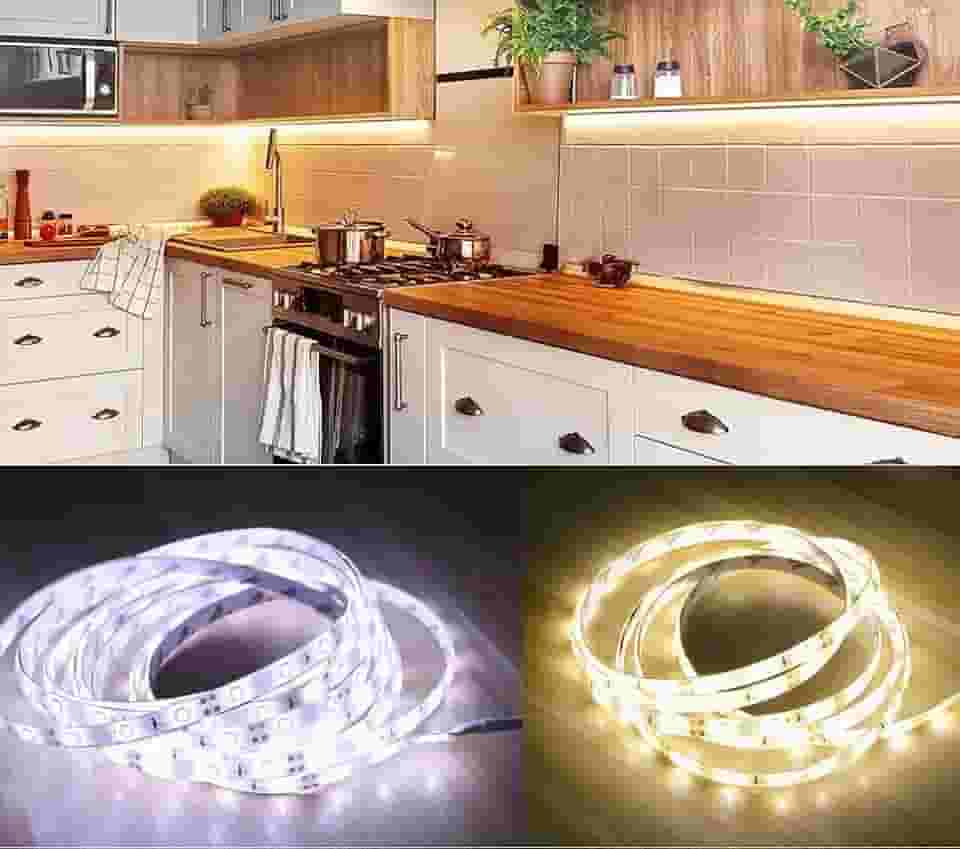 Fita de Led Luz Fixa c/ 120 Leds 2 Metros Branco Quente (Amarela) Ou Frio (Luz Branca) Usa Pilhas 3 AA Autoadesivagem Uso Externo/Interno Cozinha Decore Casa Escritório Quarto Natal (Branco Frio)