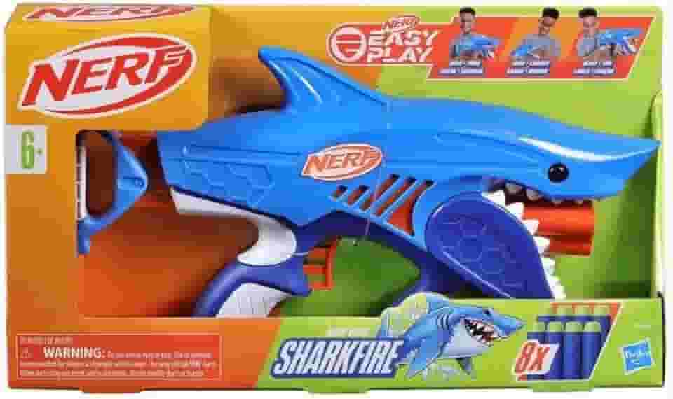 Nerf Jr Wild Sharkfire – Lançador com design de tubarão em plástico azul e laranja, com 8 dardos de espuma, brinquedos de Natal para crianças a partir de 6 anos