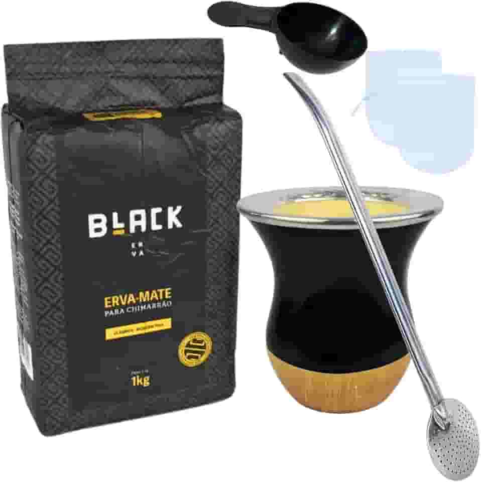 Kit Chimarrão com Erva Clássica Moagem Fina 1Kg + Cuia Preta Imitação madeira + Bomba Inox 23 CM (TRADICIONAL)