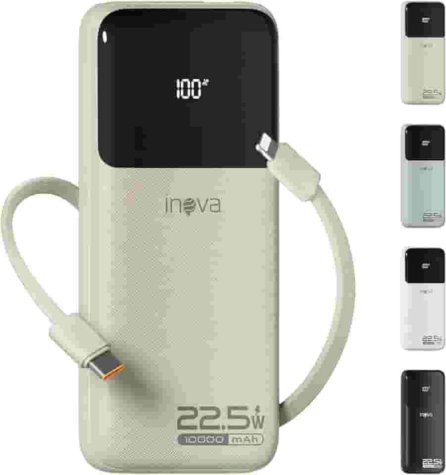 Carregadores Portáteis, Bateria de Carregamento Rápido de 10000 mAh com Cabo de Saída USB-C (22,5 W) e iOS (10 W) Integrado, Compatível com iPhone, Android, Samsung Etc (Bege)