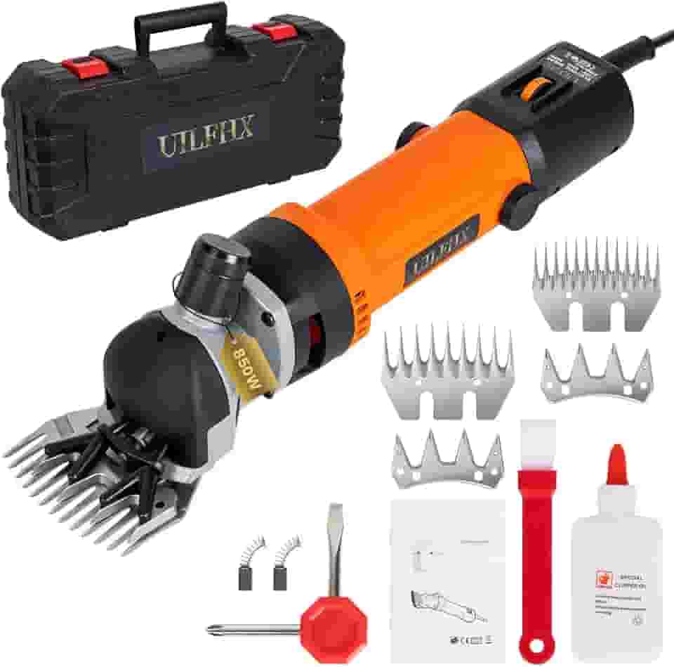UILFHX Tesoura de ovelha elétrica 850W profissional resistente tosquiador com 6 velocidades, para barbear lã de pele em ovelhas, cabras, gado e outros animais de estimação de fazenda, com estojo de