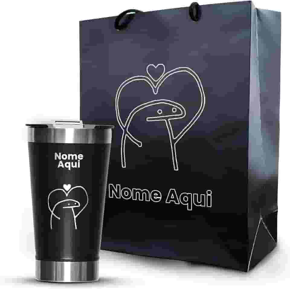 Copo Térmico Personalizado Premium com Sacola Presente, Aço Inoxidável, Design Customizável com Nome e Arte, Perfeito para Dia dos Namorados