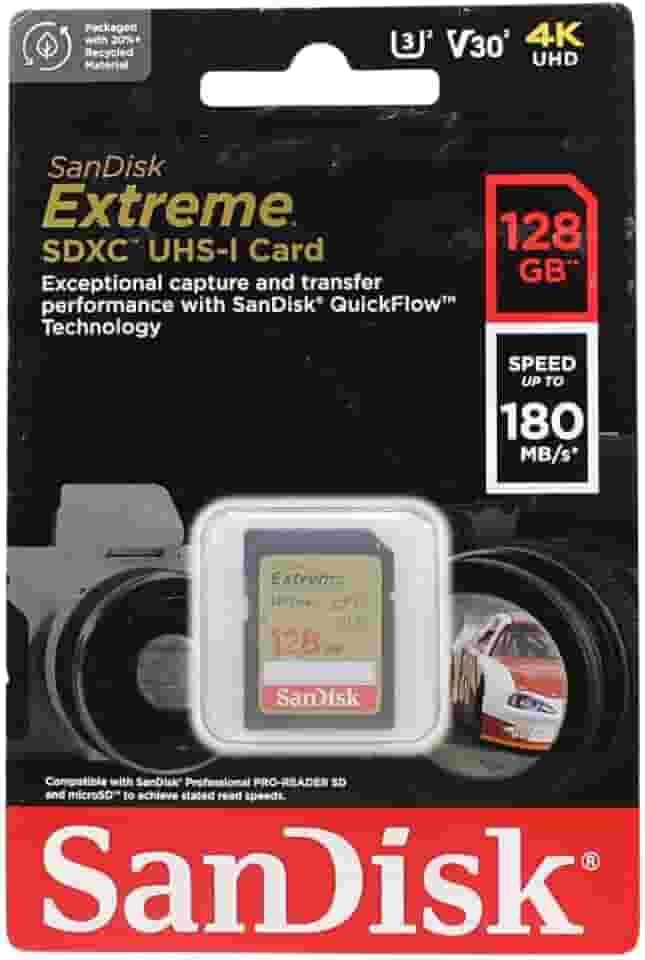 SanDisk Cartão de memória Extreme SDXC UHS-I de 128 GB - C10, U3, V30, 4K, UHD, cartão SD - SDSDXVA-128G-GNCIN, Cor: Cinza/dourado