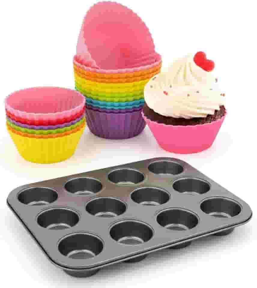 Kit Forminhas de Silicone Cupcake 12 Unidades Reutilizável e Forma de Aço Assadeira Antiaderente para Cupcake e Muffin - Formas para Mini Bolos Air Fryer ou Forno Premium MyBrins