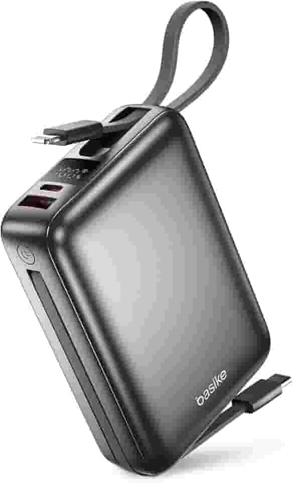 Basike Carregador Portátil, Power Bank 20000mAh com Cabos Integrados, Carregamento Rápido 22.5W(MAX), Compacto, Led Indicador de Bateria para iPhone/Samsung/Huawei/Xiaomi (Cinza)