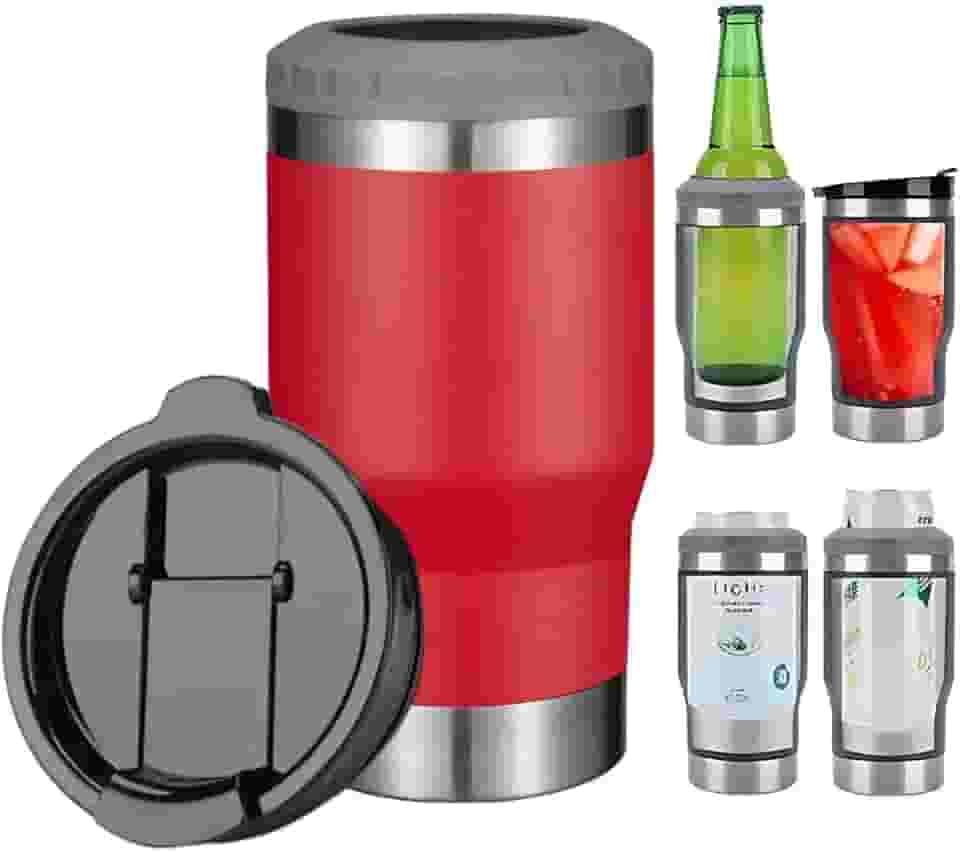 Caneca Porta Latas e Isolador 4 em 1 para Lata Fina e Padrão de 355ml e Long Neck de Cerveja. Copo Térmico de Aço Inoxidável Isolado a Vácuo e Termocooler (Red)