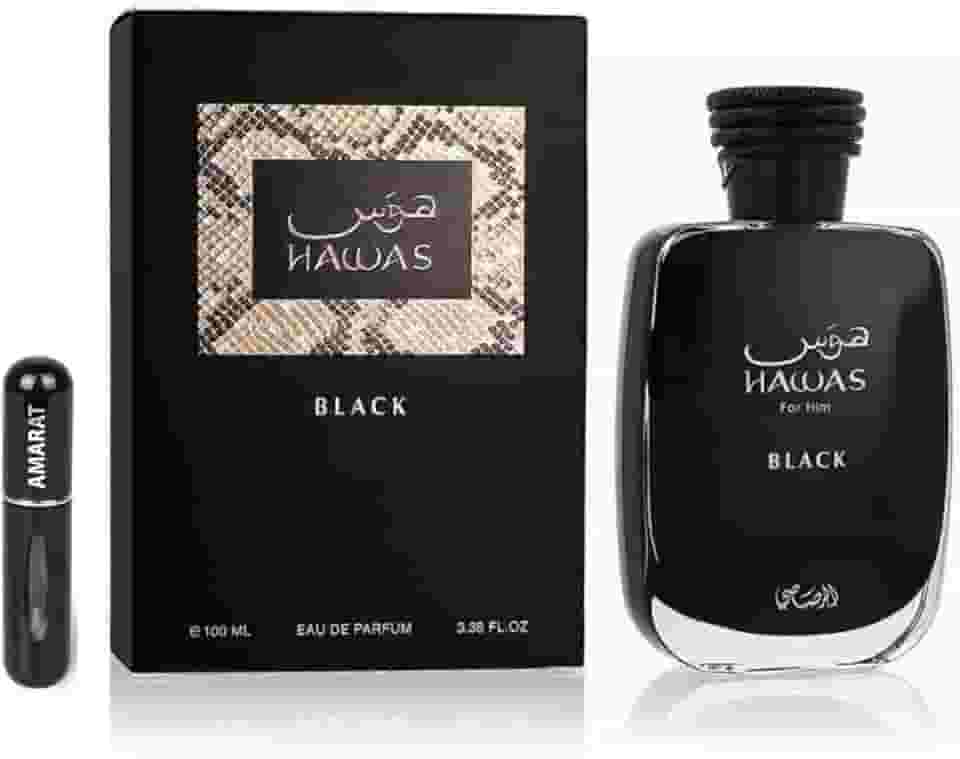 Perfume Hawas For Him Black EDP de 100 ml, perfume árabe para homem de longa duração com atomizador recarregável, fragrância cítrica madeira com notas de abacaxi, patchouli e musgo de carvalho (For